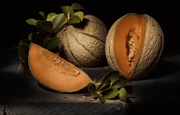 Leaves, Board, food, the flesh, black background, still life, seeds, items