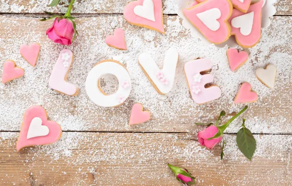 Letters, Love, food, roses, cookies, hearts, cakes, powdered sugar