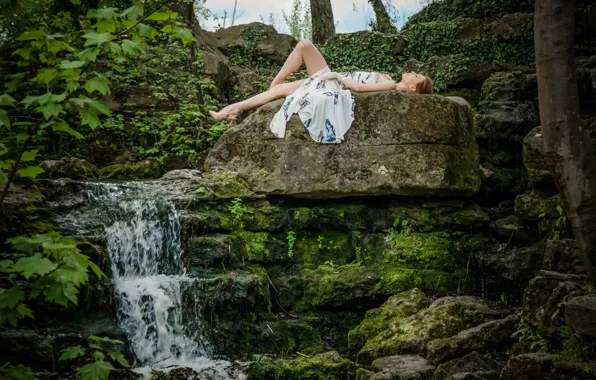 Nature, pose, stones, mood, waterfall, Ele Gance