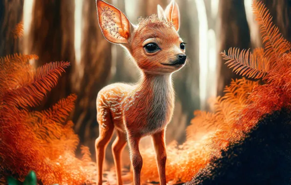 Autumn, forest, nature, graphics, deer, baby, red, fawn