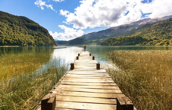 Forest, the sky, clouds, mountains, nature, lake, people, pier
