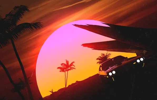 Picture Sunset, The sun, Auto, Music, Machine, Style, Palm trees, 80s