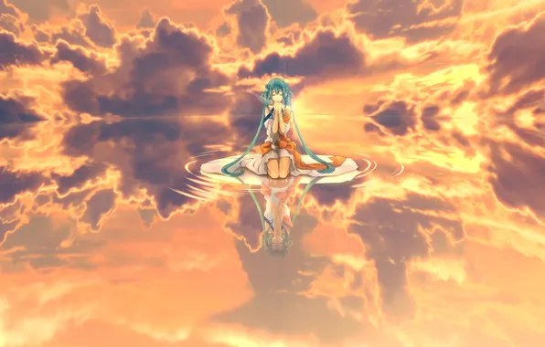 The sky, water, girl, the sun, clouds, sunset, reflection, art