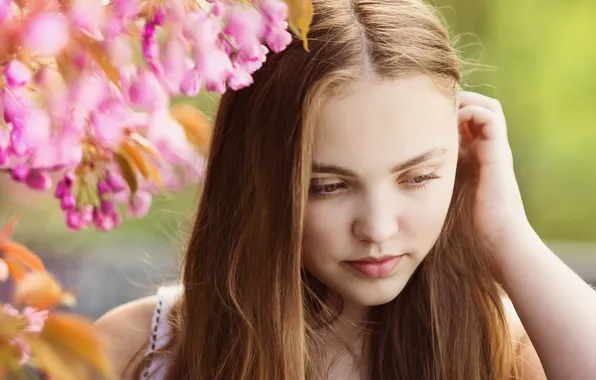Girl, flowers, spring, brown hair