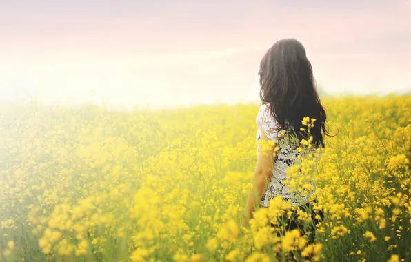 Grass, girl, flowers, yellow
