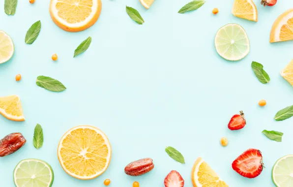 Picture berries, background, lemon, orange, strawberry, slices, composition