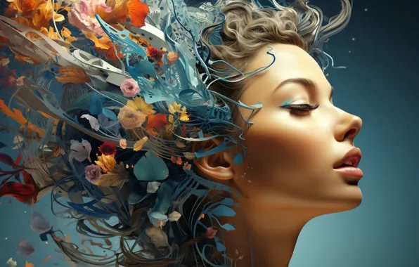 Girl, flowers, face, fantasy, hair, portrait, AI art, neural network