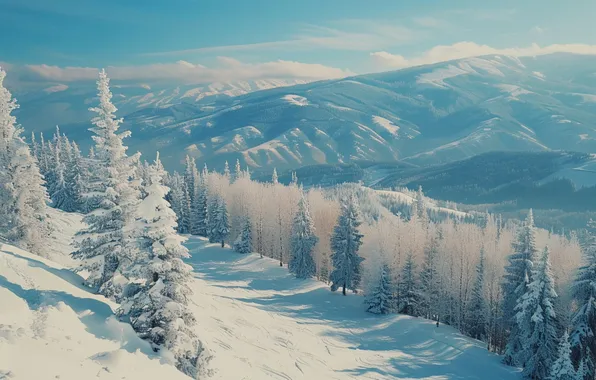 Winter, frost, forest, the sky, clouds, snow, mountains, in the snow