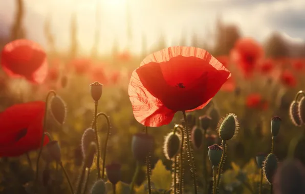 Macro, light, flowers, Mac, Maki, red, poppy field, AI art