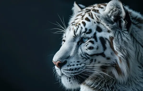 White, look, face, tiger, the dark background, portrait, AI art, neural network