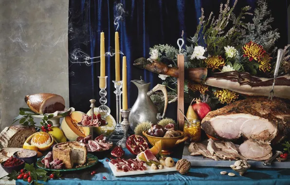 Orange, candles, bread, pie, meat, pear, pitcher, still life