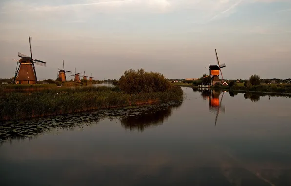 The sky, the evening, channel, windmill
