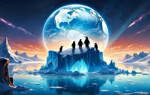 Winter, the sky, space, snow, mountains, planet, ice, penguins
