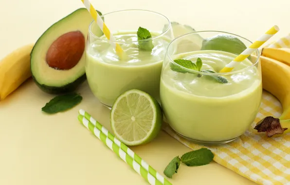 Bananas, lime, glasses, tube, avocado, smoothies