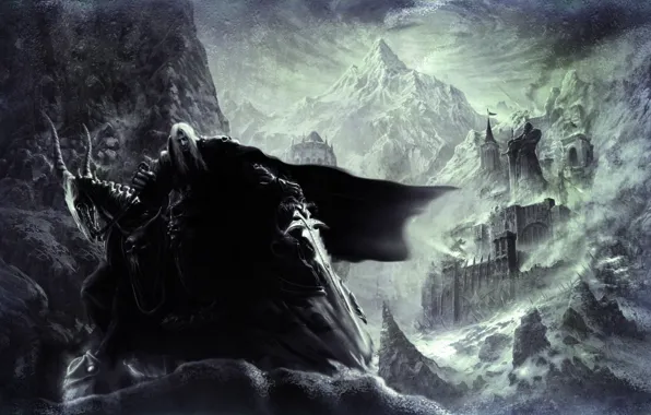 Snow, mountains, castle, sword, statue, cloak, goat, warcraft 3