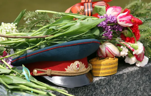 Flowers, May 9, victory day, cap