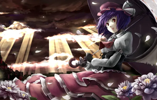 The sky, girl, clouds, light, castle, umbrella, petals, art