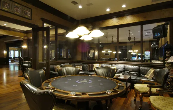 Picture table, room, sofa, chairs, poker, game, TV., game room