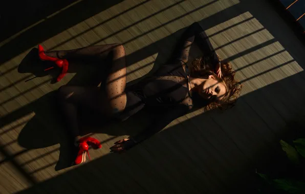 Girl, pose, makeup, shadows, tights, legs, on the floor, red shoes