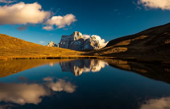 The sky, clouds, light, mountains, lake, reflection, blue, hills