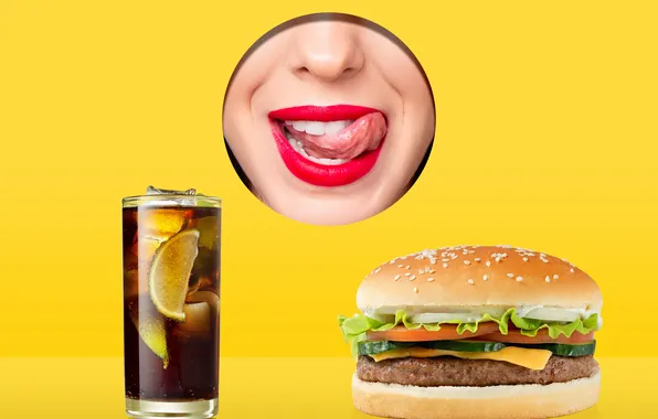 Woman, lips, cola, drink, hamburger, tongue