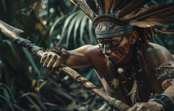 Feathers, Warrior, Maya, Jungle, Male, Spear, Digital art, Indian