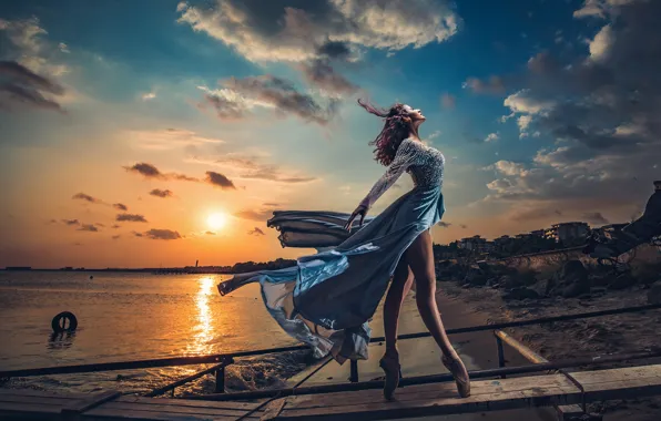 Sea, the sky, the sun, clouds, sunset, pose, shore, model