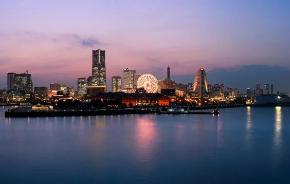 Japan, panorama, Evening, buildings, Yokohama, Kanagawa Prefecture, Yokohama-rollers, ferris wheel