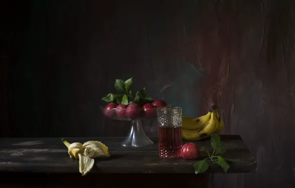 Glass, leaves, glass, the dark background, table, Board, bananas, dishes