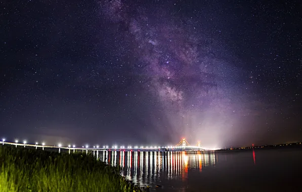 Stars, landscape, bridge, lights, Strait, the milky way, Mackinac Bridge, Makino