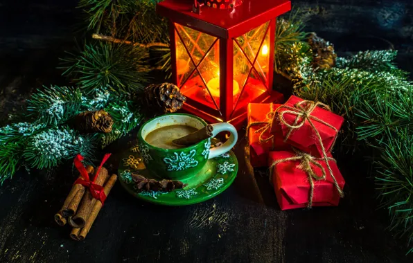 Picture branches, holiday, new year, coffee, Christmas, spruce, lantern, Cup