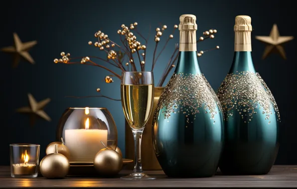 Holiday, wine, glass, candle, Christmas, alcohol, New year, bottle