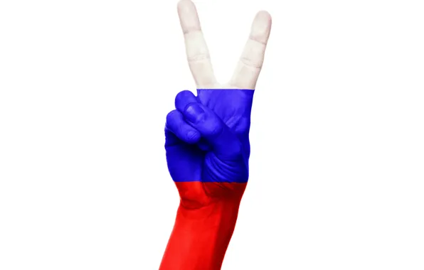 Hand, Flag, White background, Russia, Symbol, Fingers, We will win