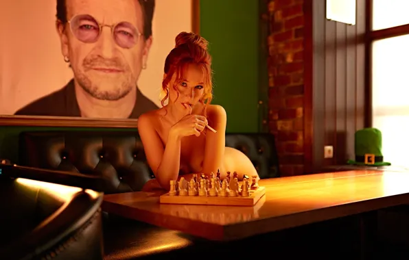 Look, girl, pose, body, hands, chess, cigarette, red