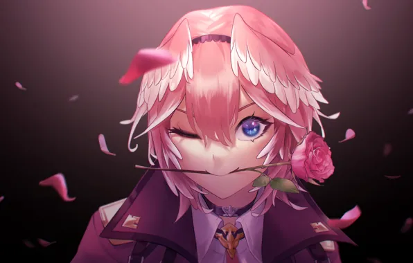 Face, wings, rose petals, wink, pink hair, bangs, chalker, high collar