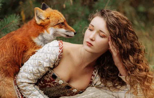 Girl, pose, Fox, neckline, red, curls, long hair, Alexandra Savenkova