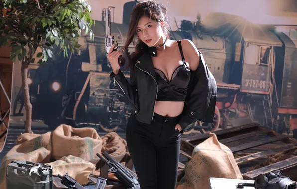 Asian, long hair, model, women, belly, dark hair, girls with guns, standing