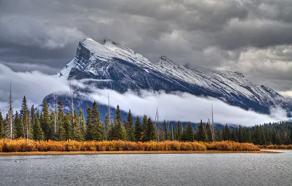 Autumn, the sky, clouds, trees, mountains, clouds, lake