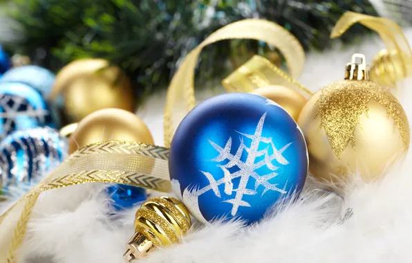 Blue, balls, tree, fluff, tape, gold, snowflake, Christmas