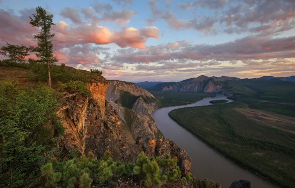 Picture landscape, mountains, nature, river, rocks, Yakutia, white night, Denis Lukyanenko