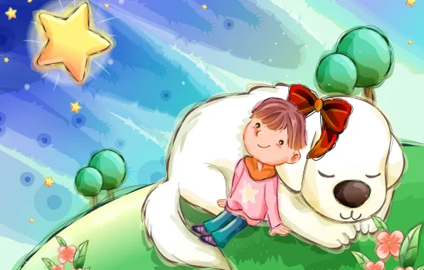 Picture the sky, trees, glade, star, dog, Girl, bow