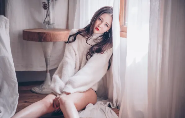 Look, girl, pose, Asian, on the floor, table, sweater