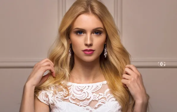 Girl, portrait, makeup, dress, hairstyle, blonde, beautiful, in white