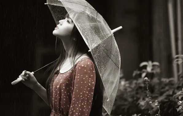 Picture girl, face, umbrella, rain, profile