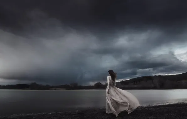 The sky, girl, landscape, nature, romance, dal, dress, long hair