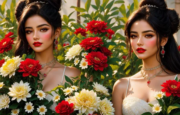 Flowers, girls, peonies, Gemini