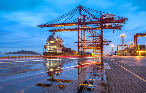 The evening, Port, Pier, The ship, Technique, Cranes, Port, Container