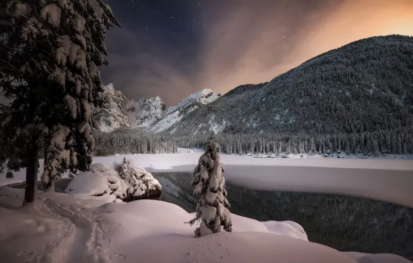 Winter, snow, trees, mountains, night, lake, Italy, Italy