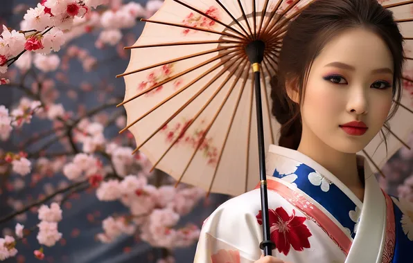 Look, girl, flowers, branches, nature, face, youth, umbrella