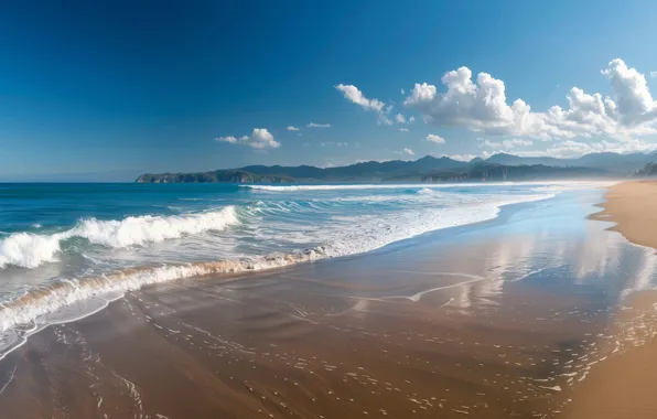 Sand, sea, wave, beach, summer, clouds, mountains, reflection